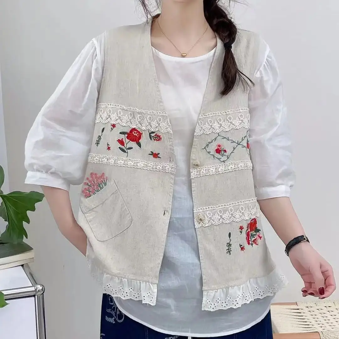 Lace patchwork denim vest for women autumn vintage floral embroidered v neck jean vests female waistcoat mori girl