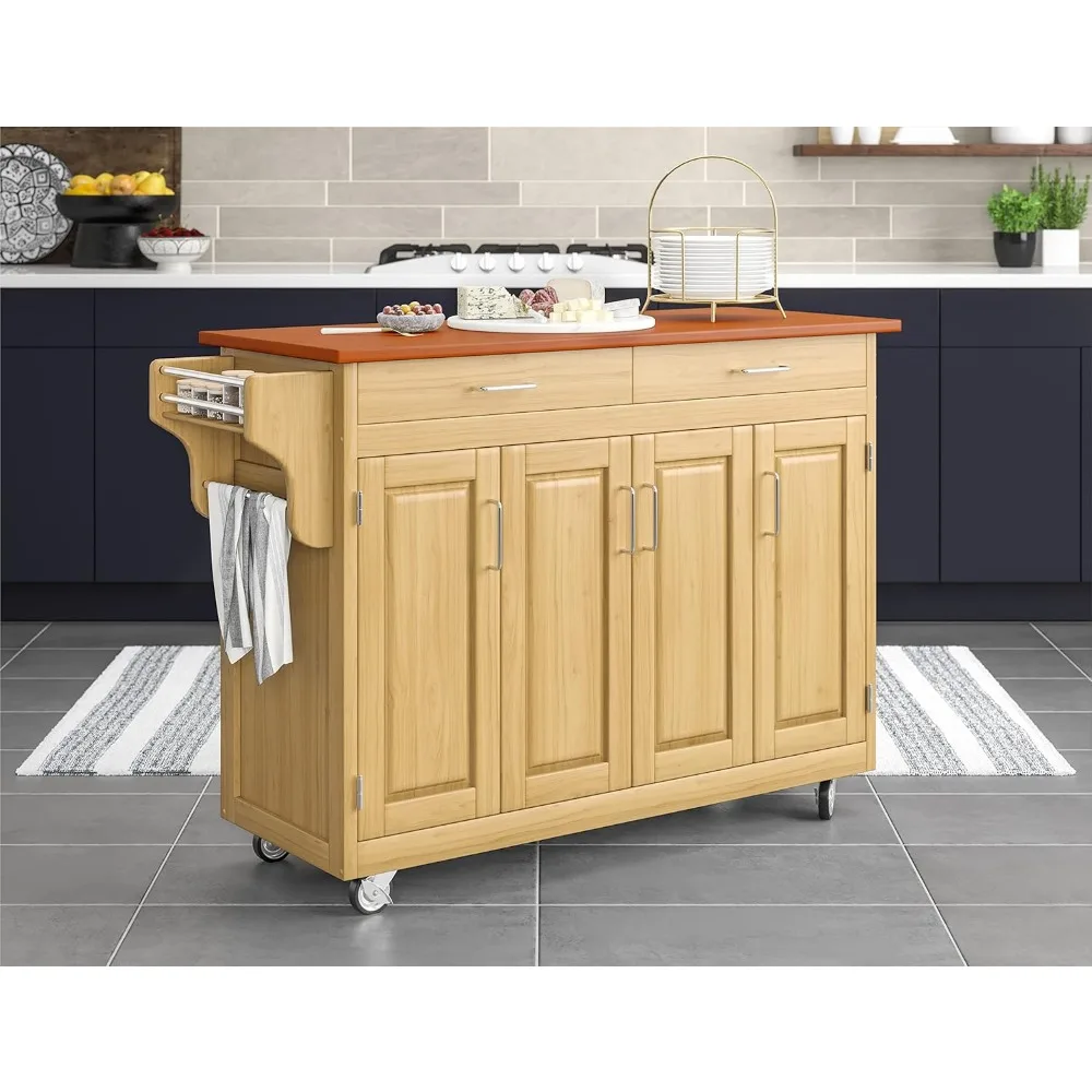 Kitchen Island Natural Finish Four-door Cabinet with Oak Top, Four Wood Panel Doors, Three Adjustable Shelves, Two Drawers