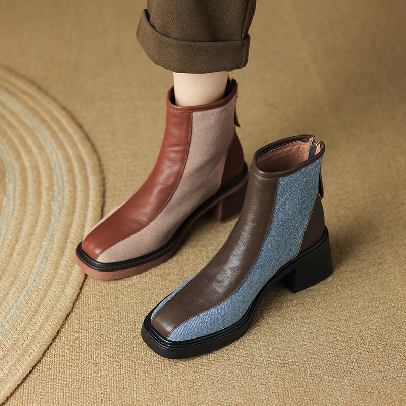 

Patchwork Genuine Leather Retro Women's Ankle Boots Thick Heels Square Toe Zipper Woman Short Boots Autumn New Ladies High Heels