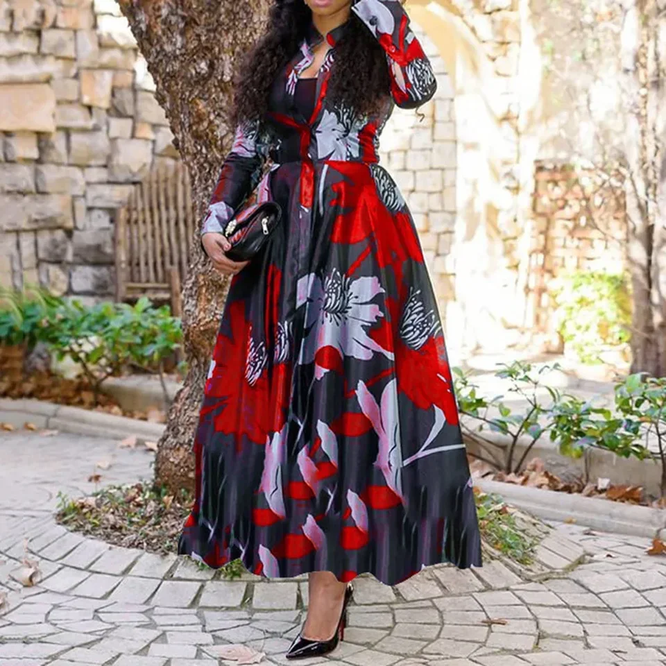 Women Long Sleeve Maxi Dress High Waist Floral Flower Printed High Waist Floor Length Dress
