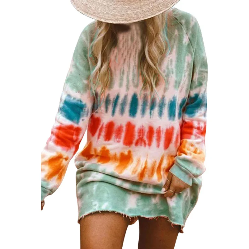 

Tie Dye Loose Mini Dresses For Women Long Sleeve Printed Casual Homewear T-shirt Dress Fashion Ladies Simple Style Vestidos