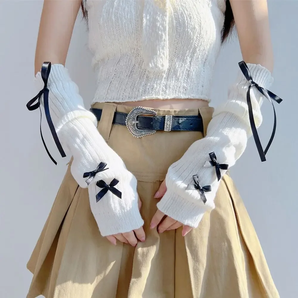 Female Y2K Fashion Arm Warmers Bowknot Soft Knitted Gloves Women Girl Half Finger Mittens Solid Color Thicken Arm Sleeves