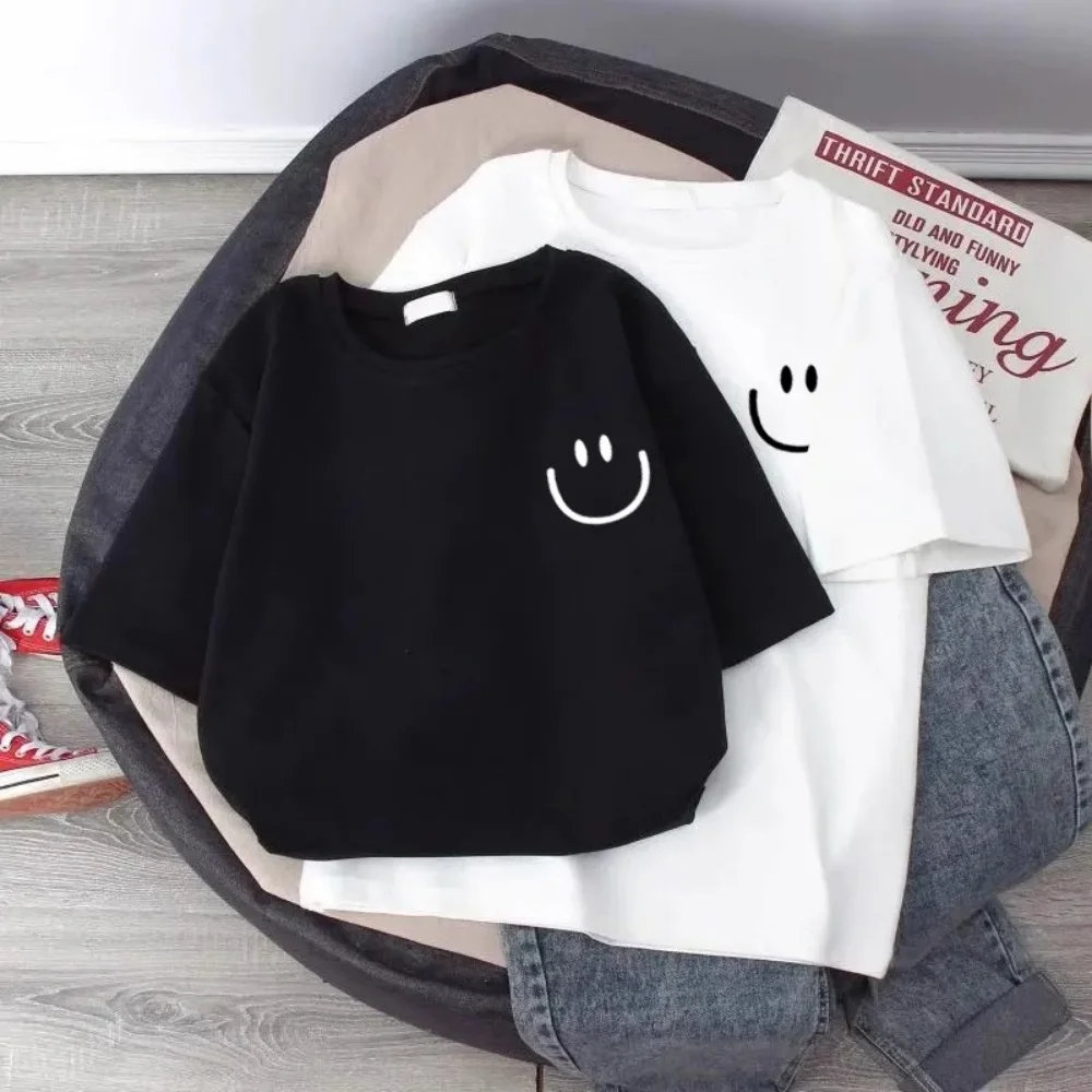 Summer Smiling Face Print Children's T-shirt Short-sleeved Pure Cotton Loose Basic Versatile Base Cool Simple Kid Girl Tees Tops