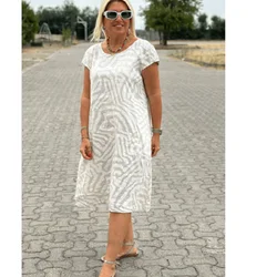 Women's Short Sleeves Midi Loose Dress Crew Round Neck Dresses Lyocell Silk Boho Holiday Dress