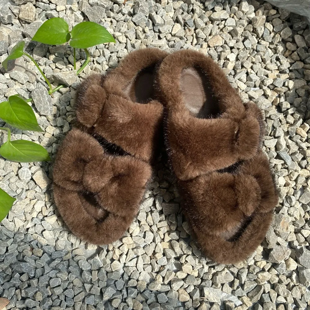 Flauschige Hausschuhe aus Kunstfell für Damen, mit verstellbarer Schleife, imitierende Nerz-Sandalen, flache Damensandalen, rutschfeste Sohle, Fell-Schuhe für Damen. – Detail 7