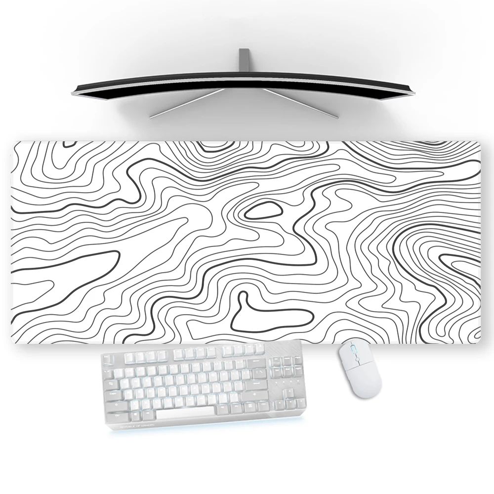 

White Mousepad Topographic Desk Mat Strata Liquid Offices Accessories Pc Gamer Mouspad 120x60 Carpet Aesthetic Custom Mouse Pad