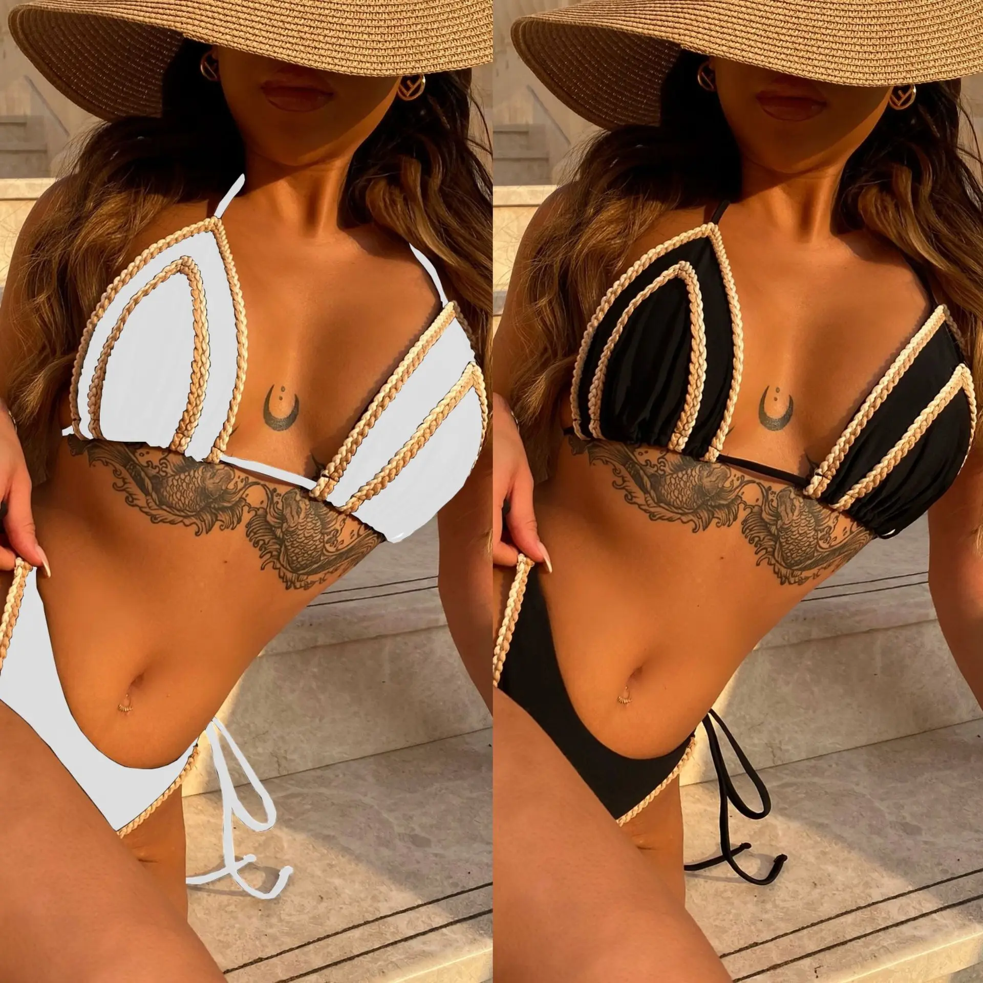 

2025 Weaving Rope Style Bikini Pad Beach Swimwear Women Maio Biquinis Tankini Femme Swimsuit Mujer Banador Badpak Monokini