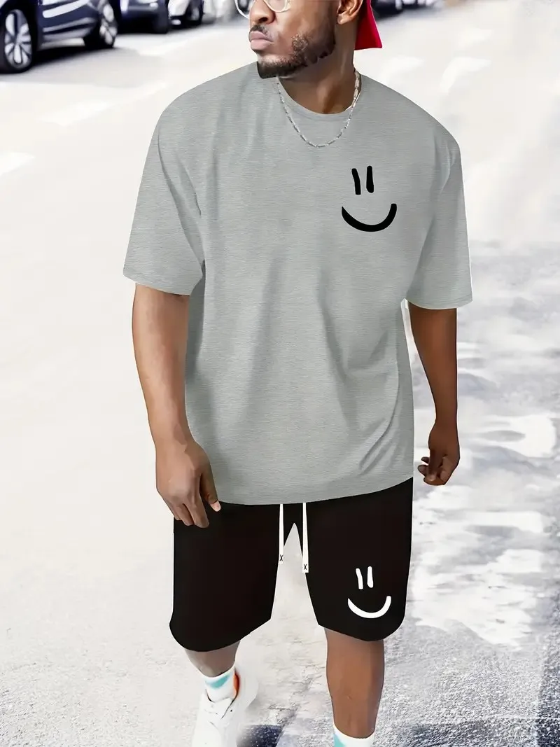 Men's sports suit, fashionable smiling face printed short sleeved T-shirt, summer casual top, men's loose drawstring pocket shor