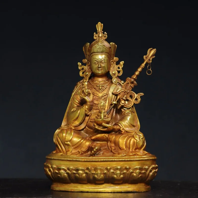 

8"Tibetan Temple Collection Old Bronze Gilded Cinnabar Mud gold Guru Rinpoche Padmasambhava Buddha Lotus Platform Worship Hall