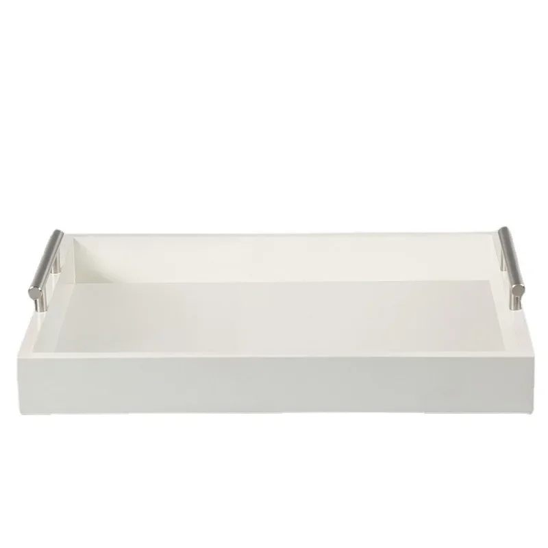 

Glossy wooden tray, metal armrest square coffee food storage tray Craft wood products