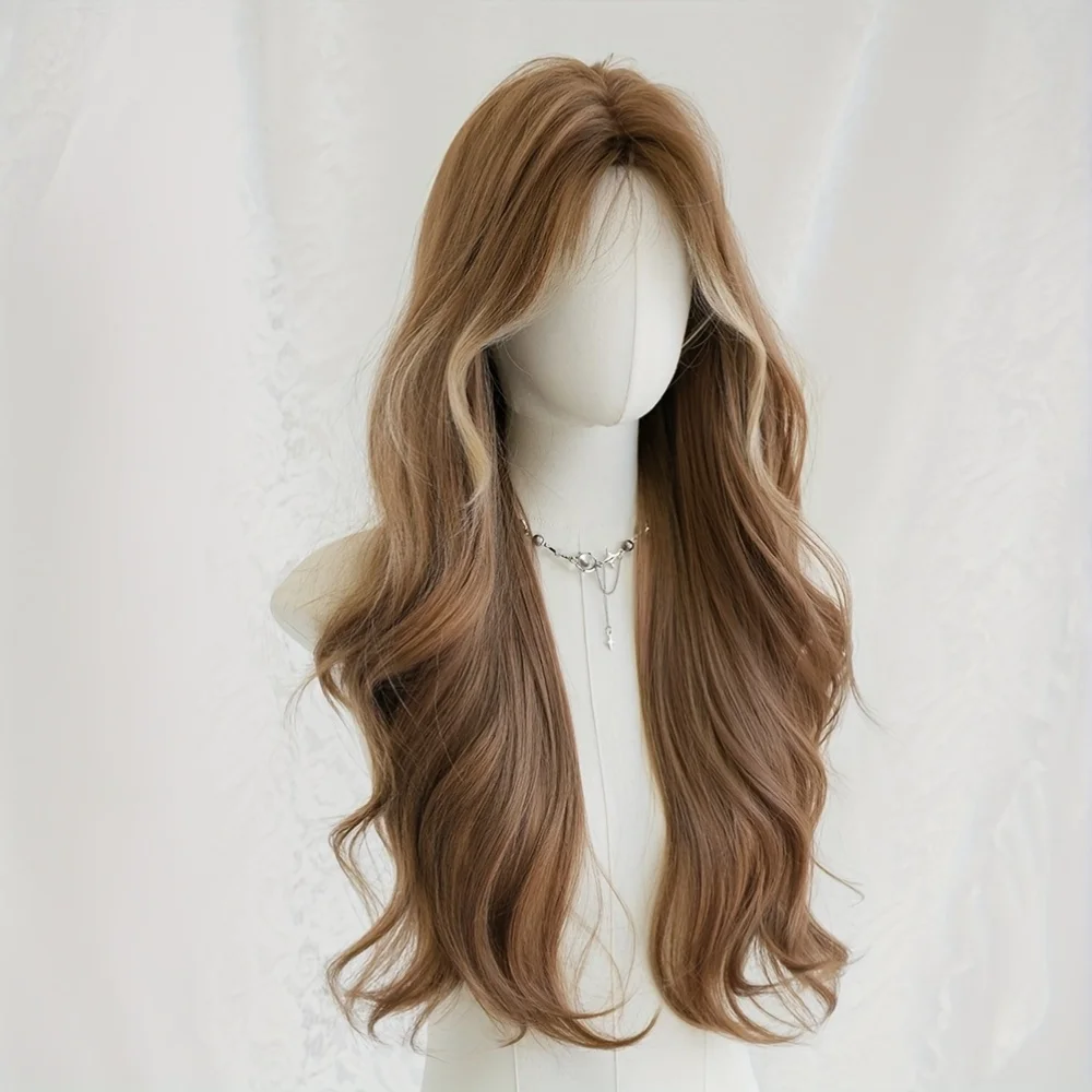 Women wear long wavy warm brown wigs every day, fashionable medium brown wigs, curtained bangs, Cosplay party wigs