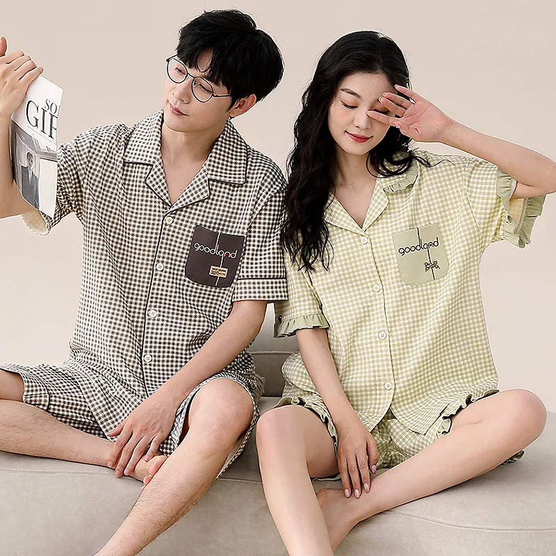 Couple Pajama Set Summer Turn-down Collar Short Sleeve Pyjamas 100% Cotton Men and Women Sleepwear