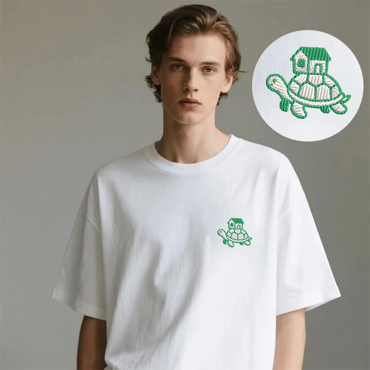 

Men Women Cute Turtle Tiny House Embroidery Luxury Cotton T-Shirt - Cozy Embroidered Top Tees for Casual T-Shirts