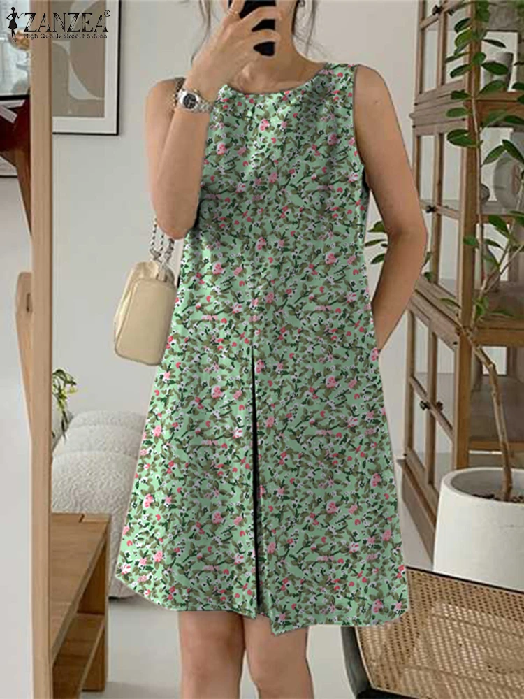 2025 Vestito estivo estivo ZANZEA Donna Elegante vacanza Mini abito senza maniche Stampa Abiti a pieghe Casual Beach Tank Abiti Caftano