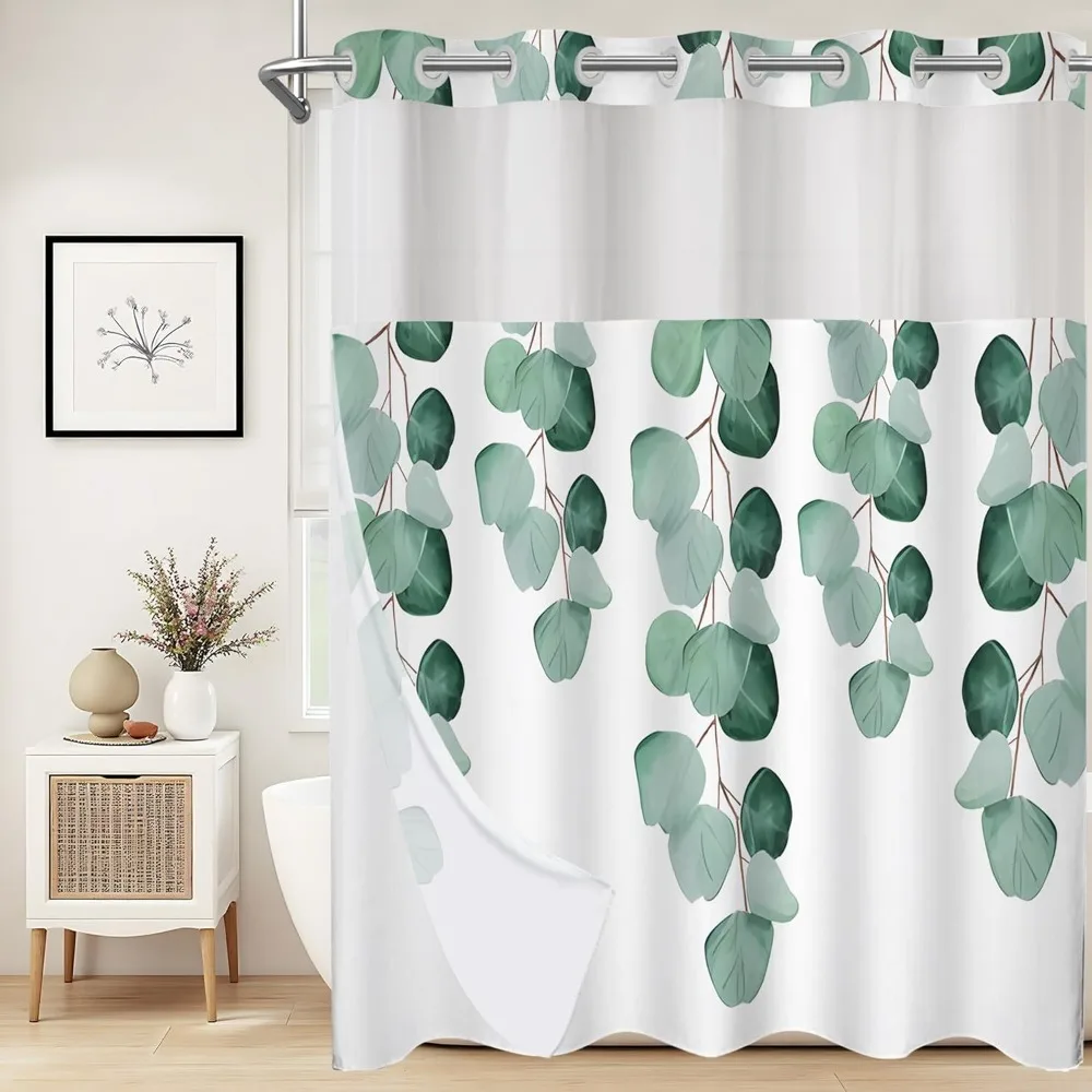 

Занавеска для душа без крючка с защелкой вкладышем и сетчатым окном, весенний комплект занавесок для душа с зелеными листьями эвкалипта для декора ванной комнаты,