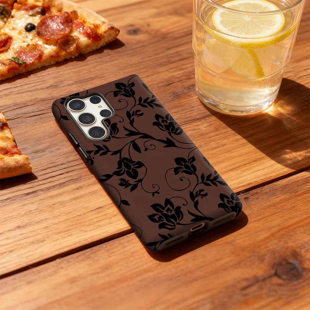Funda de teléfono con patrón de vid Floral marrón para Samsung Galaxy S25 Ultra S24 S23 Ultra Plus, funda trasera de doble capa a prueba de golpes