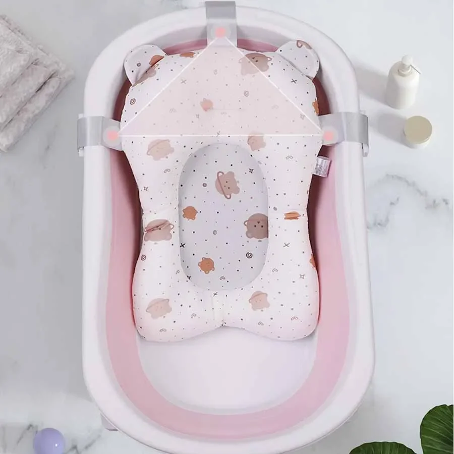 Baby Shower Tappetino per vasca da bagno Vaschette per bambini Cuscino per neonato Supporto pieghevole Cuscino per il corpo da bagno Cartone animato antiscivolo Morbido cuscino per vasca da bagno per neonato