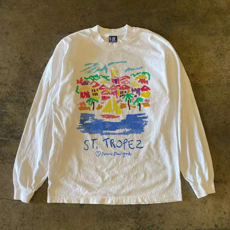 

90s Heavyweight Pure Cotton Graffiti Village Loose Couple Match Long Sleeve T-Shirt Street Style Casual Wear for Men And Women