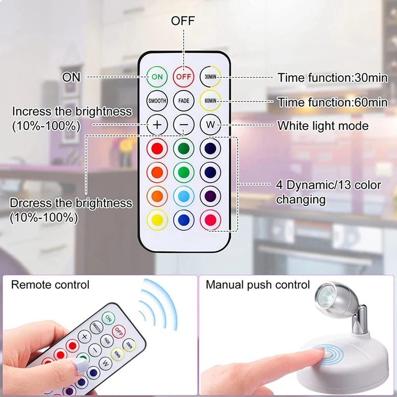 6 قطع أضواء كاشفة RGB LED مع جهاز تحكم عن بعد، 13 لونًا، أضواء مميزة تعمل بالبطارية لخزانة الأعمال الفنية للمدخل باللون الأبيض