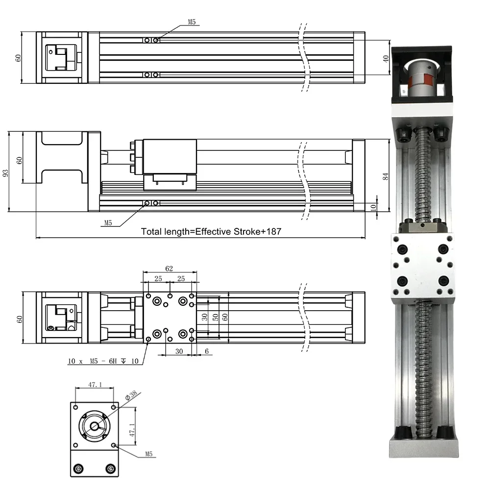 60mm Width CNC XYZ Axis Linear Actuator Electric Manual Driven Ball Screw Nema23 57mm Linear Rail Guide Stage Slide SFU1605/1610