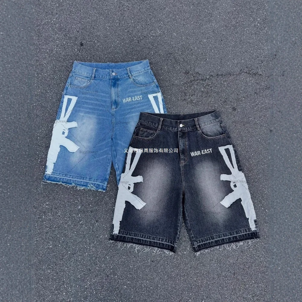 

Street Style New AK Pattern Printed Loose Straight Leg Jeans Five-Quarter Length Gothic Fashion Short Shorts for Teens