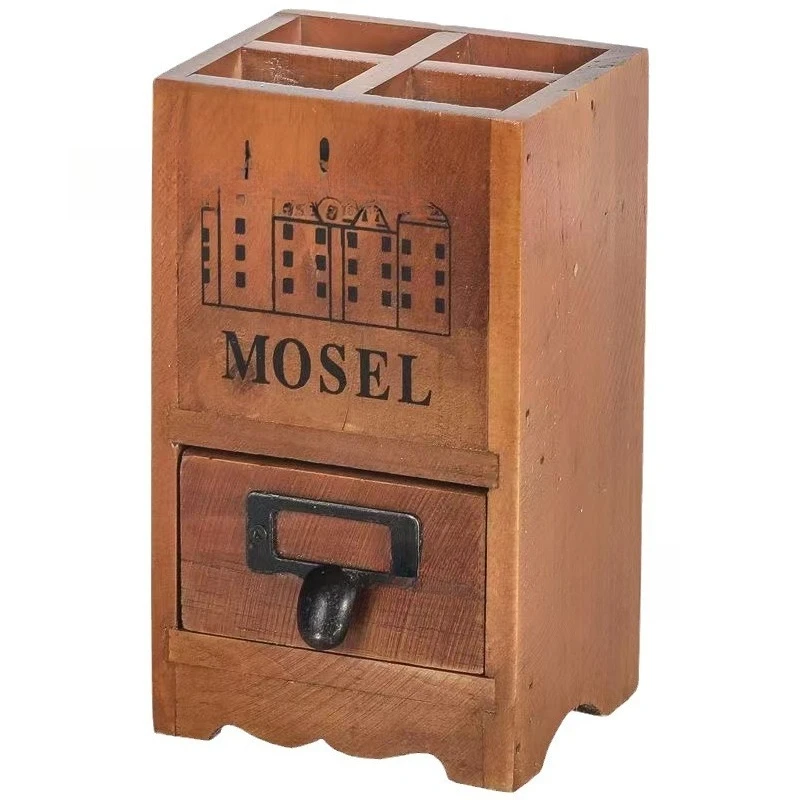 

Desktop makeup brush storage bucket stationery office brush storage wooden drawer partition box student desk pen holder