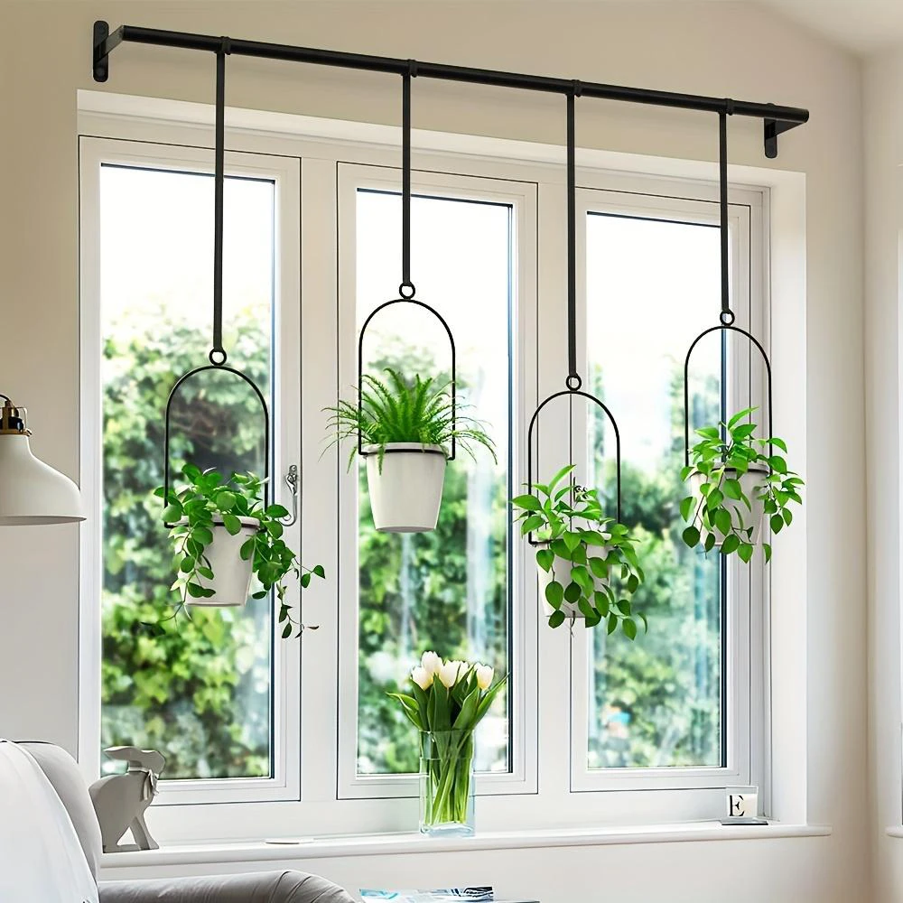 Metal Adjustable Hanging Planters with 4pcs Plastic Pots, Rail for Indoor Window & Ceiling Herb Garden, Wall Plant Hanger w