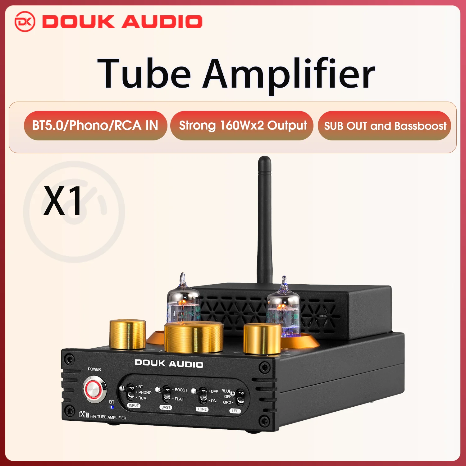 Douk Audio X1 HiFi GE5654 Amplificador de tubo de vácuo Bluetooth 5.0 Receptor MM Phono Amp para toca-discos domésticos Amplificador de potência APTX-HD 160W * 2