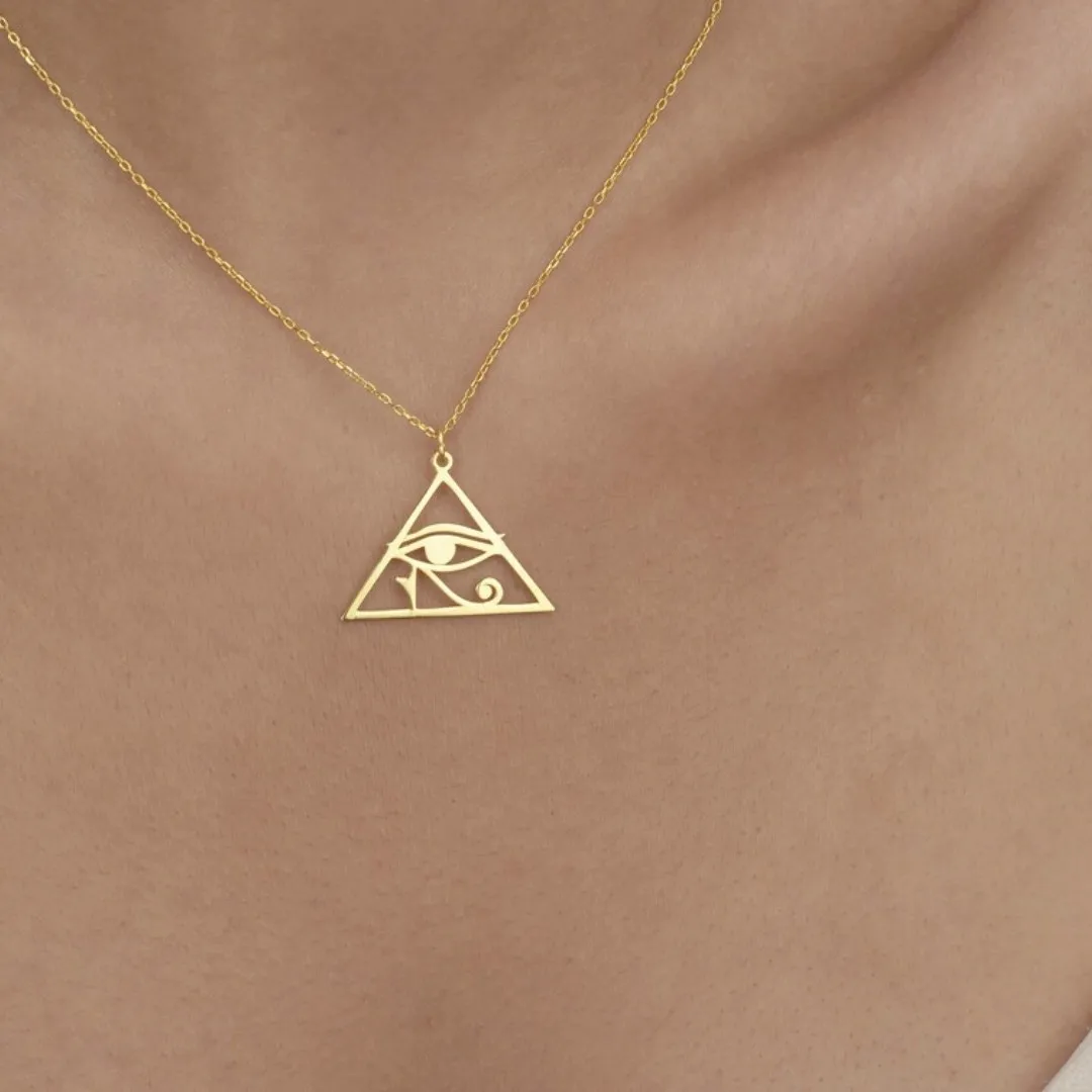 Stainless Steel Ancient Egypt Eye of Horus Necklace Retro Triangle Eye of Ra Pendant Necklace for Women Egyptian Amulet Jewelry