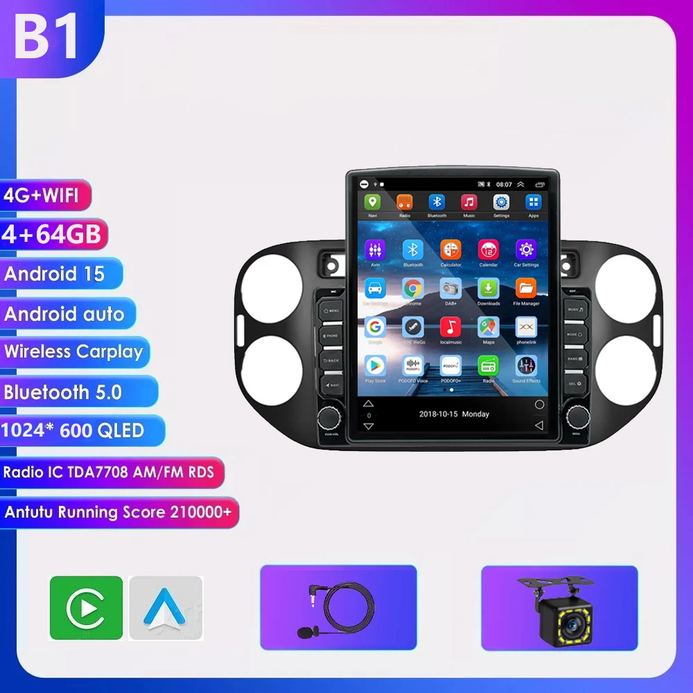 9.7 inch Android 16 Carplay Auto voor VW Volkswagen Tiguan 1 NF 2006 2008-2014 2015 2016 autoradio multimediasysteem GPS speler stereo