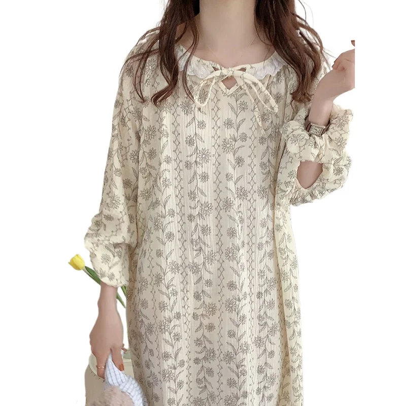 Floral Women Nightgown Korean Style Sleepwear Long Sleeve Night Dress Autumn Lace One Piece Pajamas Home Sleeping Wears New In