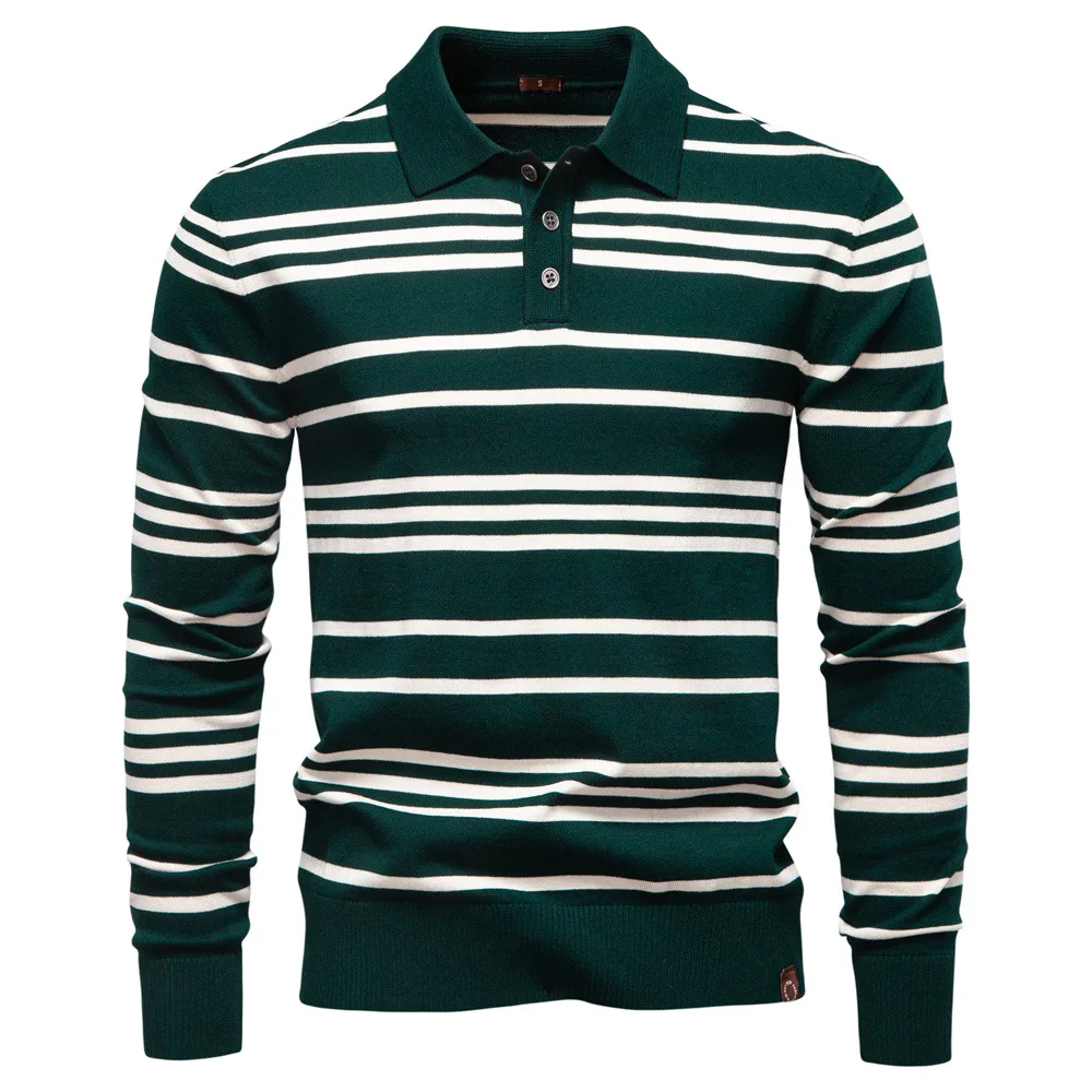 

Autumn and Winter New Lapel Men's Striped Sweater Polo Collar Knitted Color Blocking Sweater