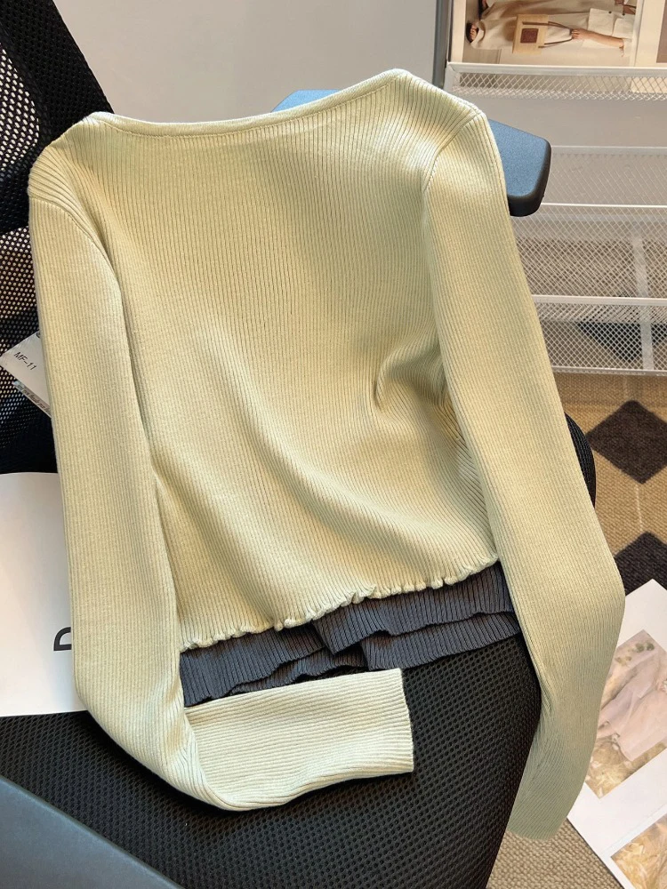 Women's Contrast Color Knitted Sweater Spring Autumn Long Sleeved Pullover Camisole 2Pcs Female Clothing Fashion Casual Bow Tops