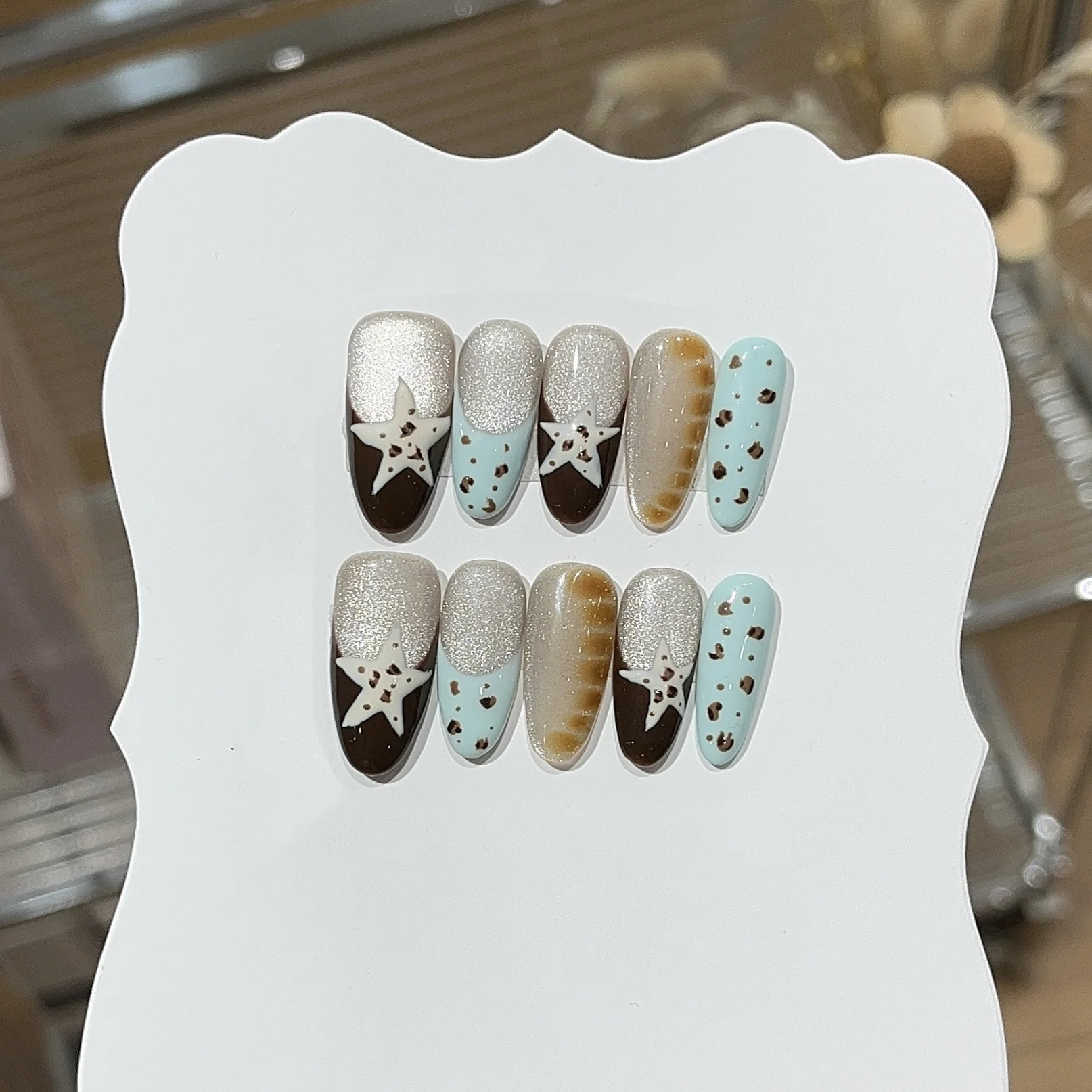 

10PCS Shiny Cat Eye Medium Oval Press on Nails Handmade Star Patterns Ins Blue French False Nails Sweet Cool Leopard Print Nails