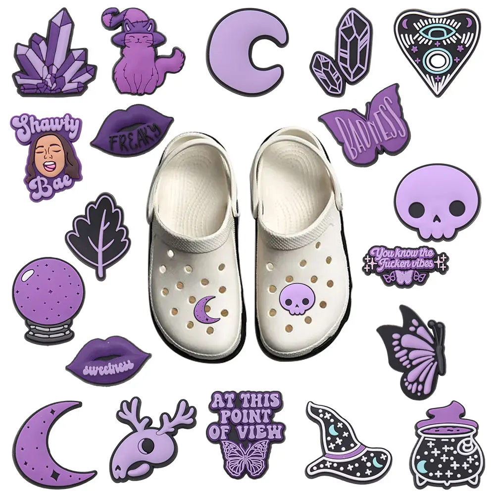 19 teile/satz Lila Magie Schmetterling Hexe Schuhe Charms Silikon Schuh Zubehör Armband Loch Slipper Decor Kinder Weihnachten Geschenke
