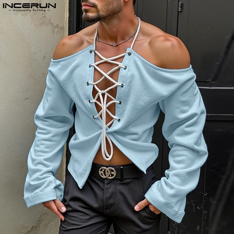 INCERUN Sexy Double Polar Knitted T-Shirts 2024 Men Simple Solid Color Simple Camisetas Hanging Neck Design Exposed Shoulder Top