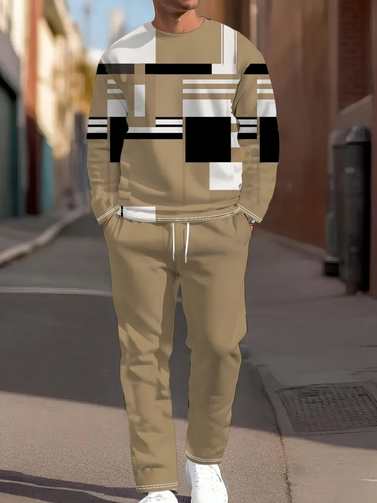 New Men's Long-Sleeve Set 3D Color-Blocked Patchwork Print Round-Neck Long-Sleeve Top & Relaxed-Fit Trousers Two-Piece Set