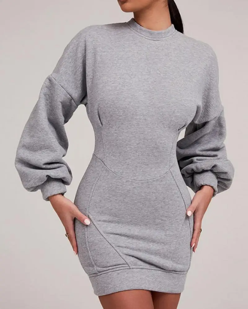 

Sexy Women's Dress Autumn Casual Solid Color Knitted O-Neck Lantern Sleeve Mini Tight Sportswear Dress Urban Women Bodycon Dress