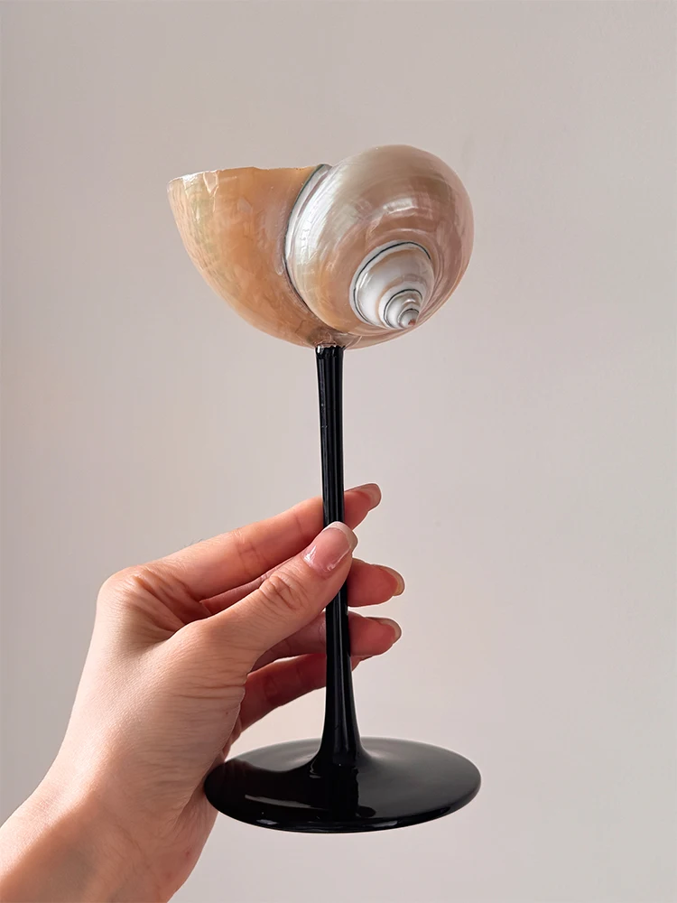 Natural Conch Shell Champagne Glass with Black Handle, Coastal Bar Tools Set Luxury Home Decor Unique Beach Dining Gift