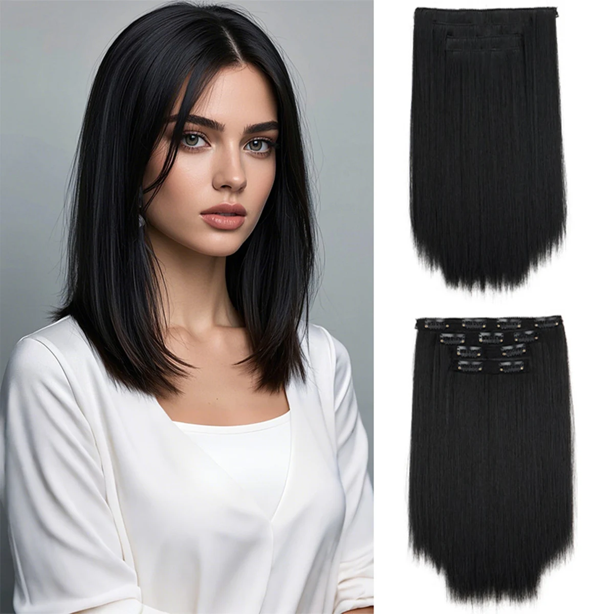 

14-дюймовый синтетический парик из 4 частей с прямыми волосами на заколке для женского наращивания волос, термостойкий парик черного цвета