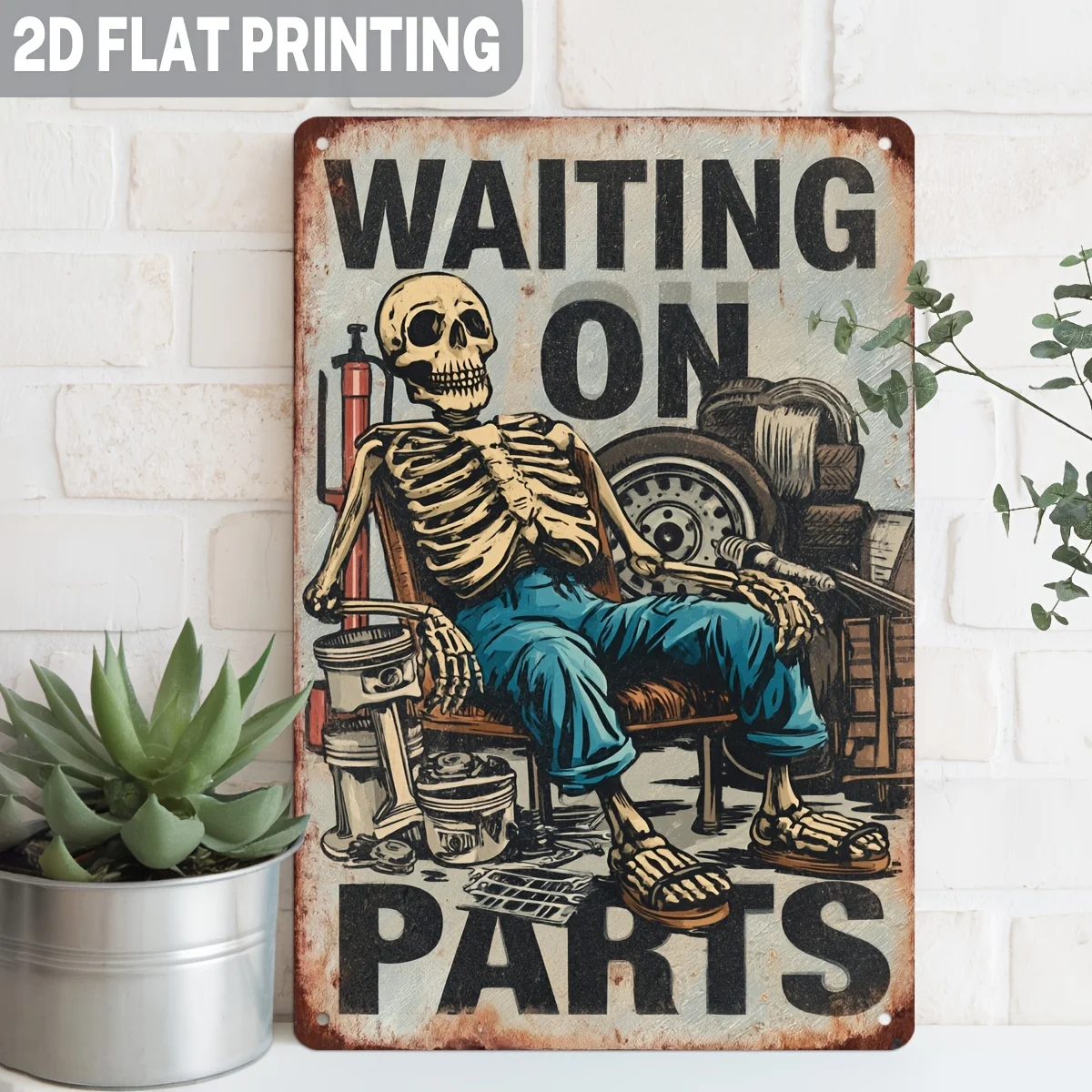 2D Flat, 1pc, Vintage Waiting on Parts Metal Sign, Automotive Workshop Wall Hanging, Garage Decor, Mechanic Shop Wall Art, for M