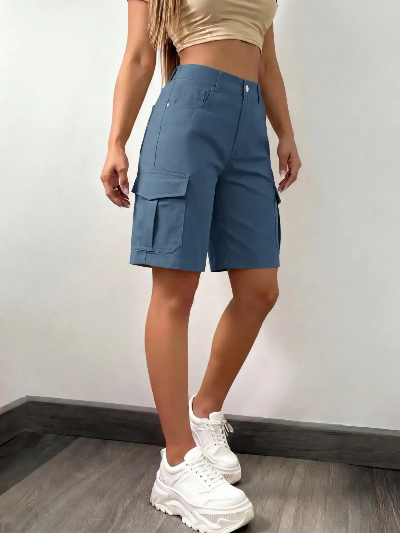 

Women's Light Blue Multi-Pocket Button Loose Casual Elegant Mid-Waist Non-Stretch Cargo Pants, Suitable For Street, Beach, Vacation, Daily Wear, Travel, Back To School, Graduation, Stage Performance, Dance Party, Birthday Party, Sports & Fitness, Spring/S