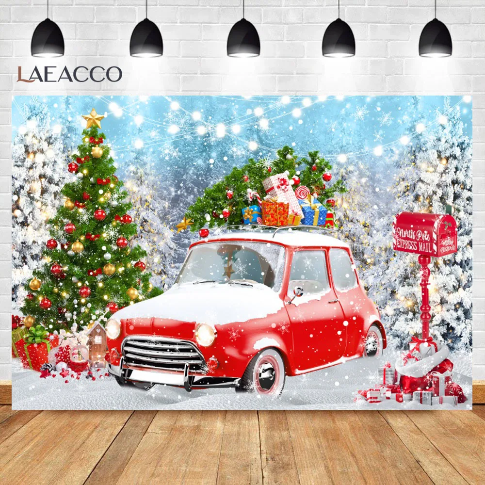 Christmas Vintage Red Truck Backdrop Winter Snowy Snowflake Glitter Xmas Tree Family Kids Portraits Photography Background