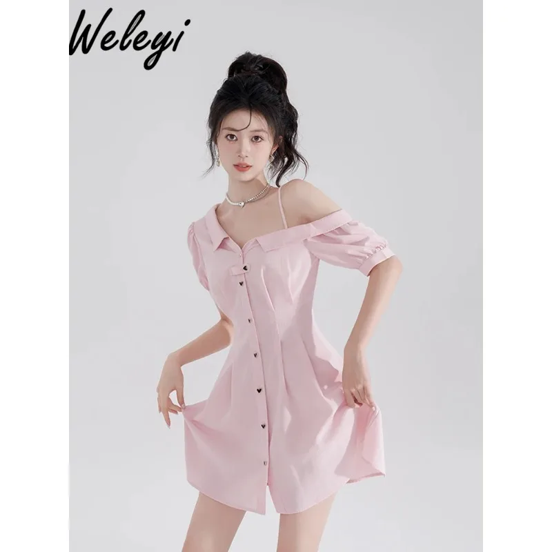 Sweet Jirai Kei Y2k Dress Set Japan 2024Summer New Sweet Off Shoulder Irregular Pink Small Fashion A-Line Shirt Cocktail Dresses