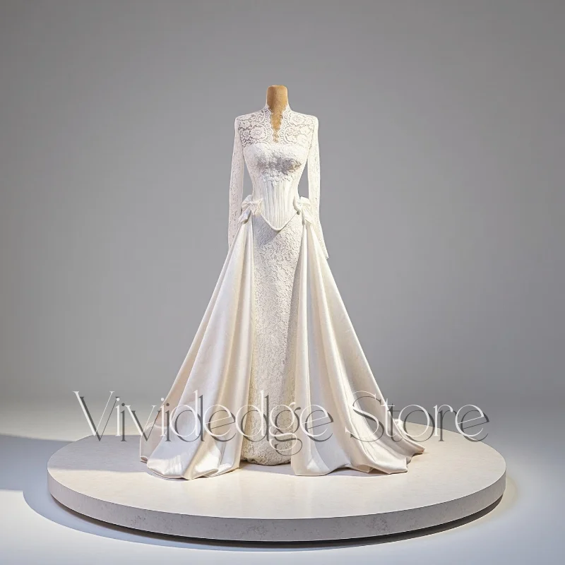 White Vintage Lace Bridal Gowns Long Sleeve Bowknot Detachable Trailing Decorative Ruffles And Floor Wedding Dresses Customized