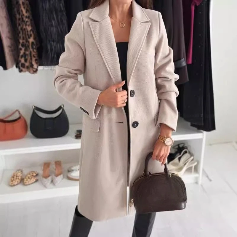 

Women Solid Color Coat Woolen Jacket with Turn-down Collar Single-breasted Coat Mid Length Design for Commuting