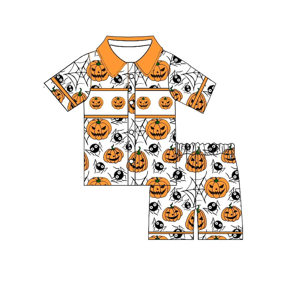 Halloween Boutique Boys and Girls Set Lapel Ruffle Puff sleeves Pair with Trousers Love Pocket BOO and Pumpkins Print