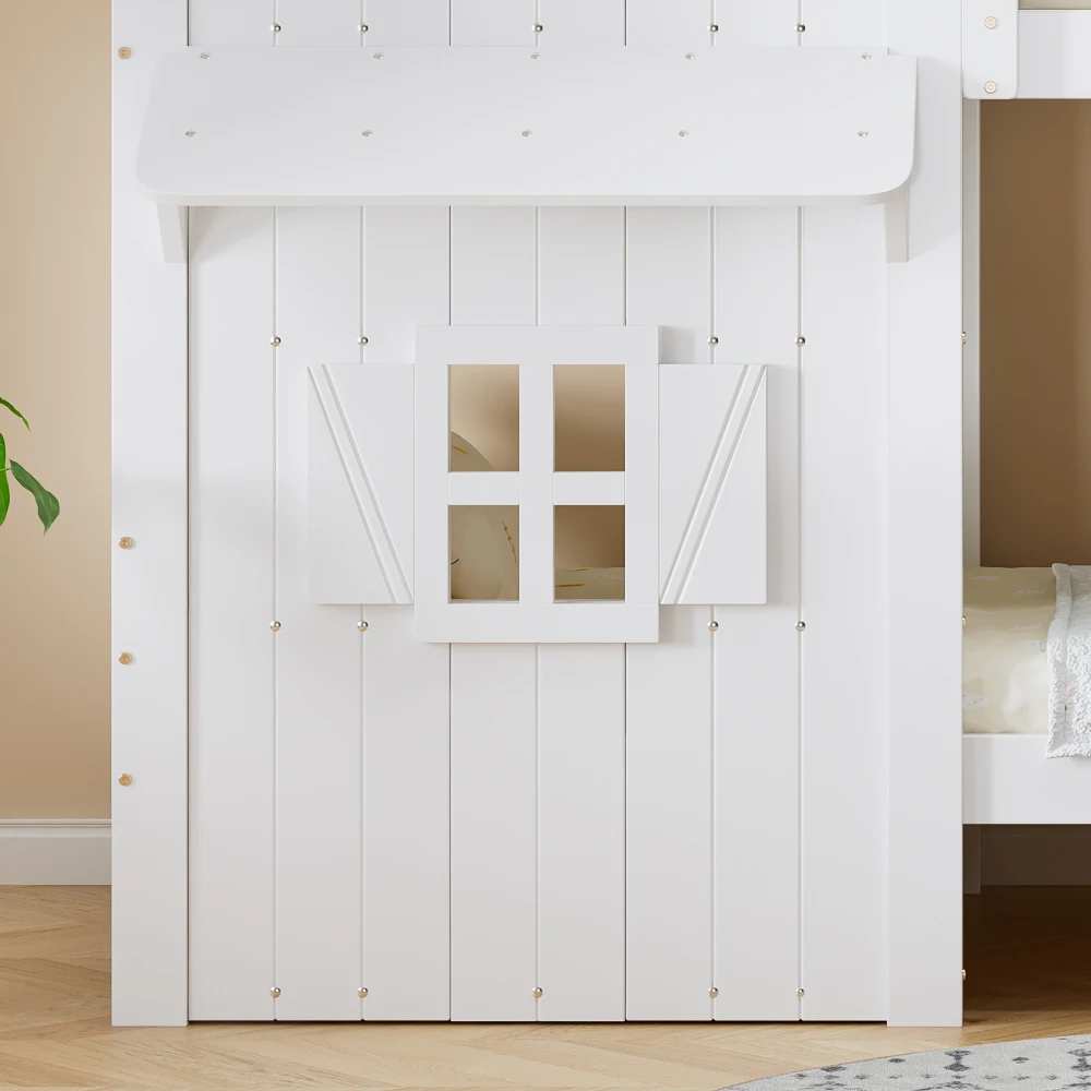 Kinder-Etagenbett mit schönem Fenster und seitlichen Sicherheitsgeländer auf dem Dach, dreistufiger gerader Leiter, stabiler Lattenrost – Detail 18