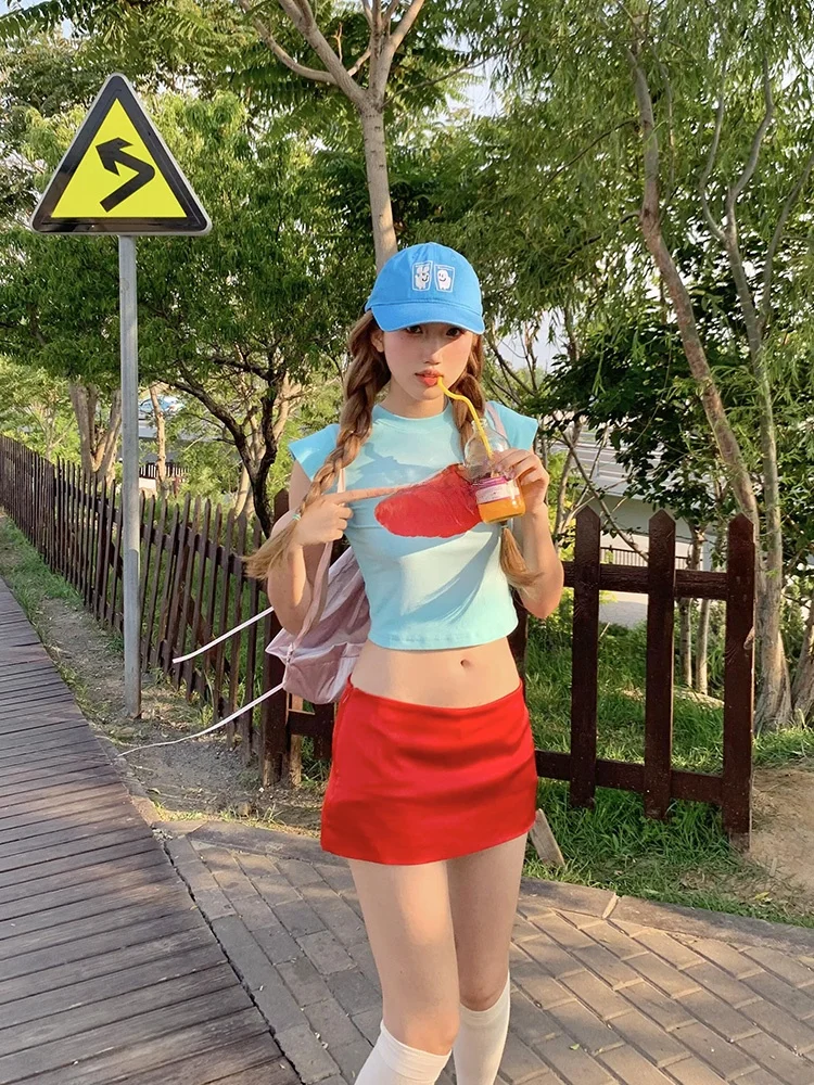 Mint Wave Fruit oulder ort Sve T-irt Women Summer American Hot Girl Slim Fit ort Tight Beautiful Small Top