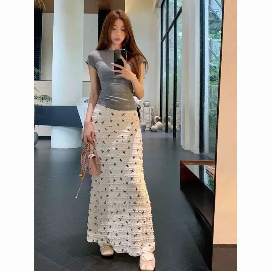 

Элегантная длинная юбка-русалка с узлом и принтом, кружевными вставками и вырезами, корейский стиль, для офиса, многоярусная